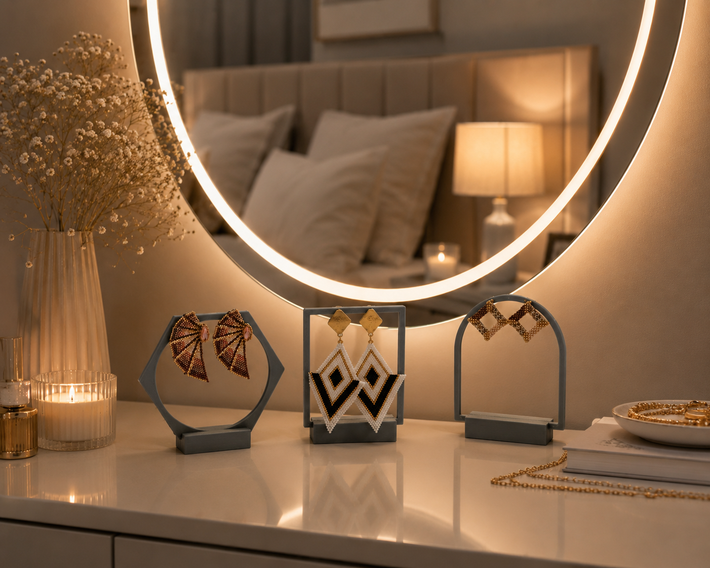 Minimalist Trio: 3'lü Dekoratif Takı ve Küpe Standı Seti